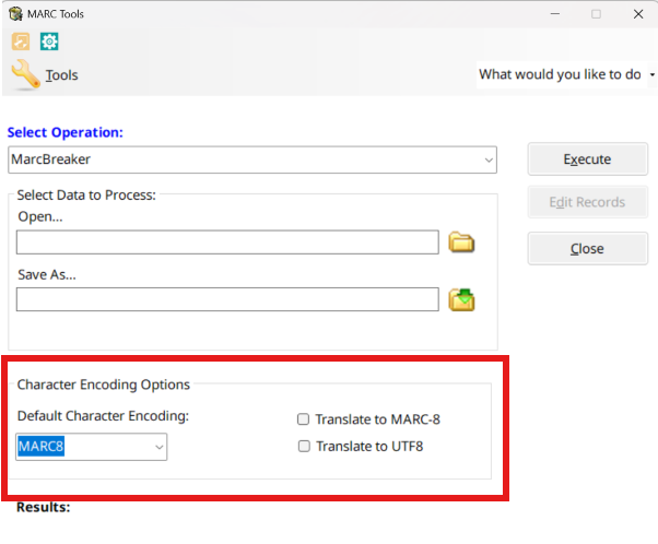 A screenshot of the MarcEdit MARC Tools window with the character encoding options section highlighted